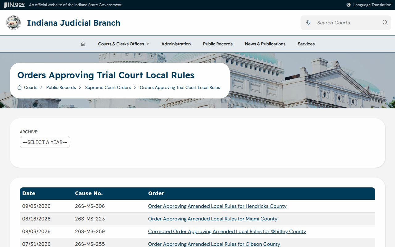 Indiana court local-rule approval records for Floyd County
