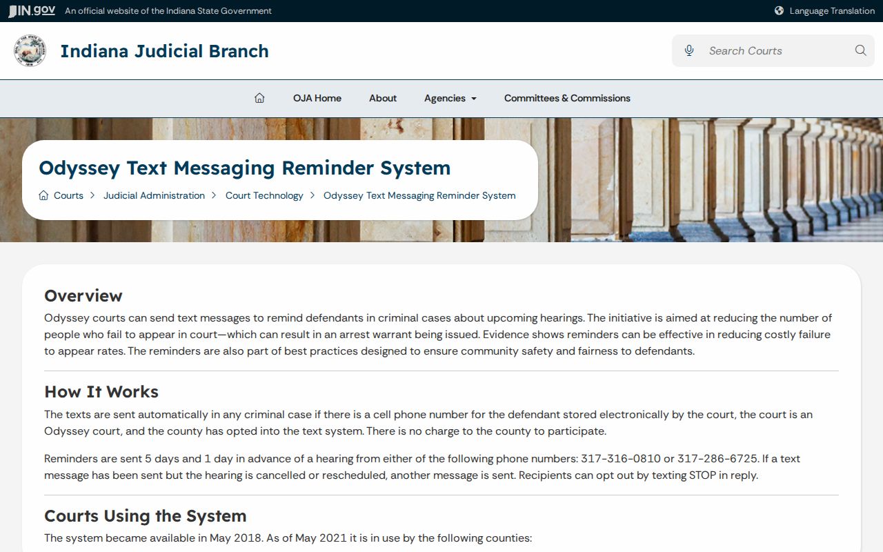 Indiana court hearing reminder program information